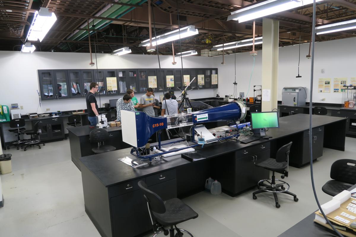 inside Department Teaching Laboratory with lab benches in center